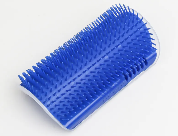 Corner cat scratcher in blue, angled view showing the arched bristle shape