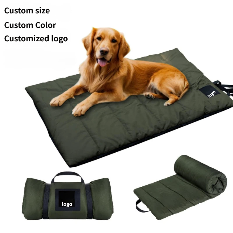 Golden Retriever lying on The Artemis Travel Bed, a padded green roll-up dog mat