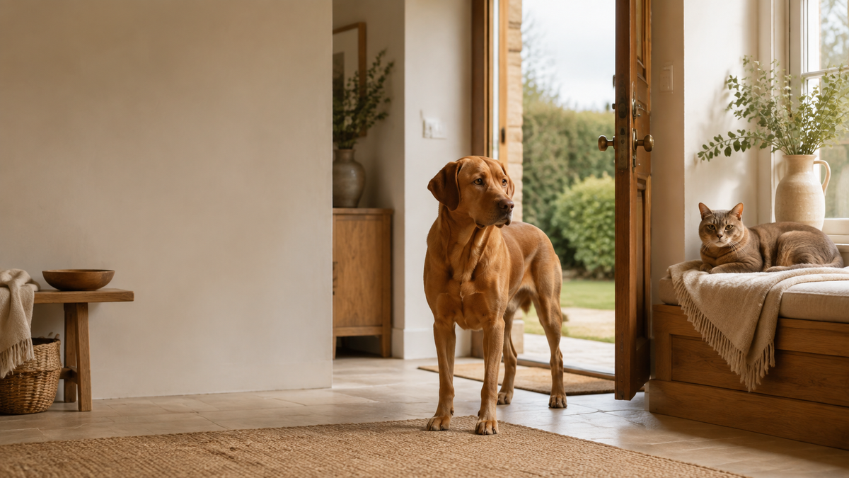 Fox red Labrador and cat together in a warm contemporary home