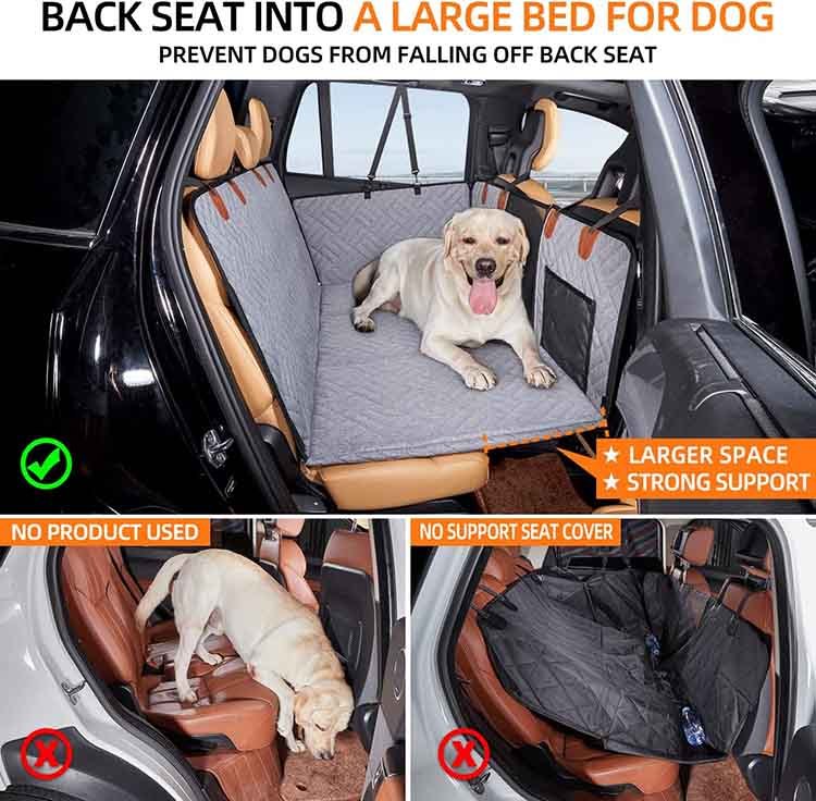 Dog travelling on a hard-bottom rear-seat platform