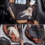 Hard-bottom dog car seat extender installed, alongside uncovered and unsupported rear-seat examples