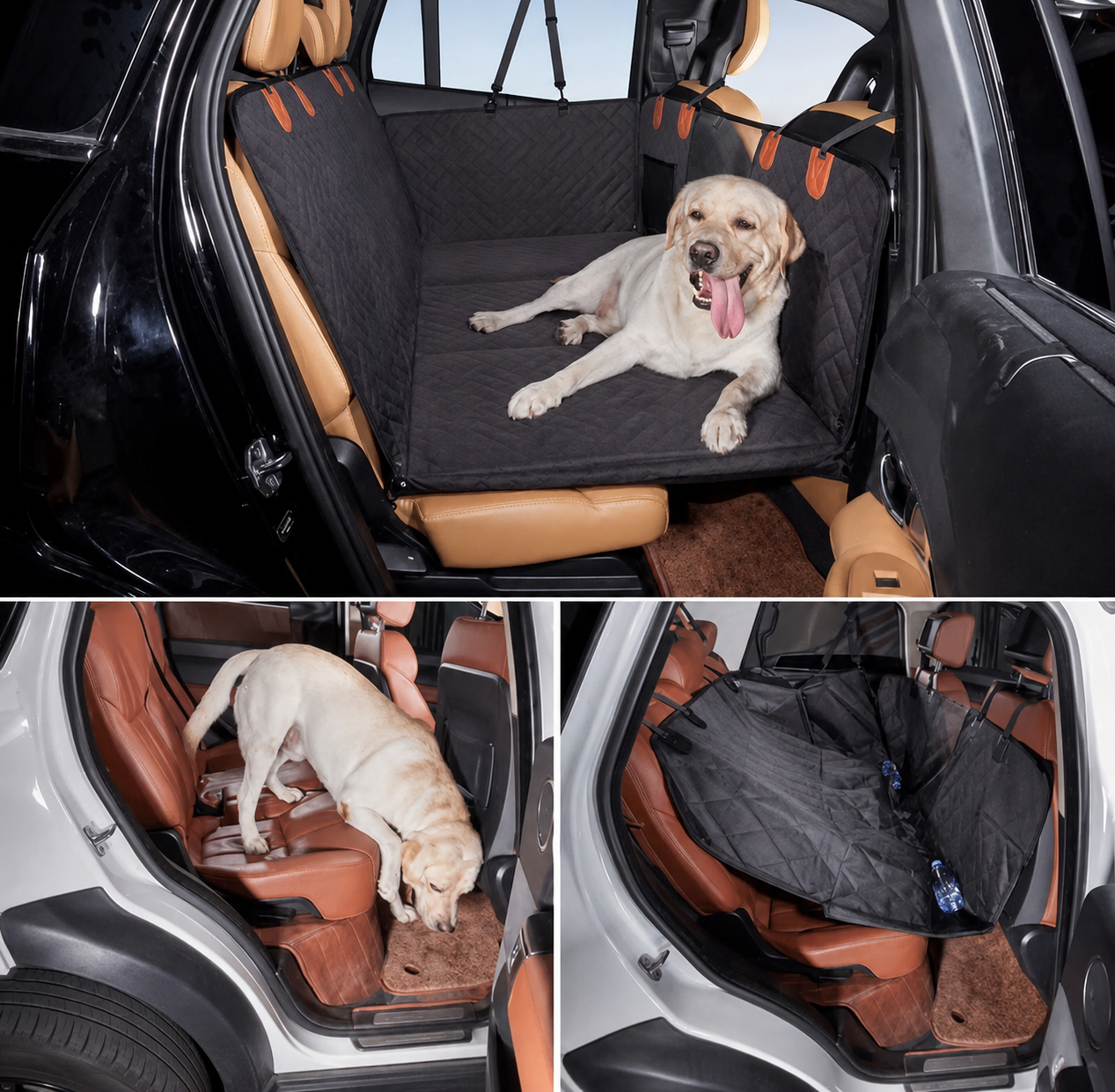 Hard-bottom dog car seat extender installed, alongside uncovered and unsupported rear-seat examples