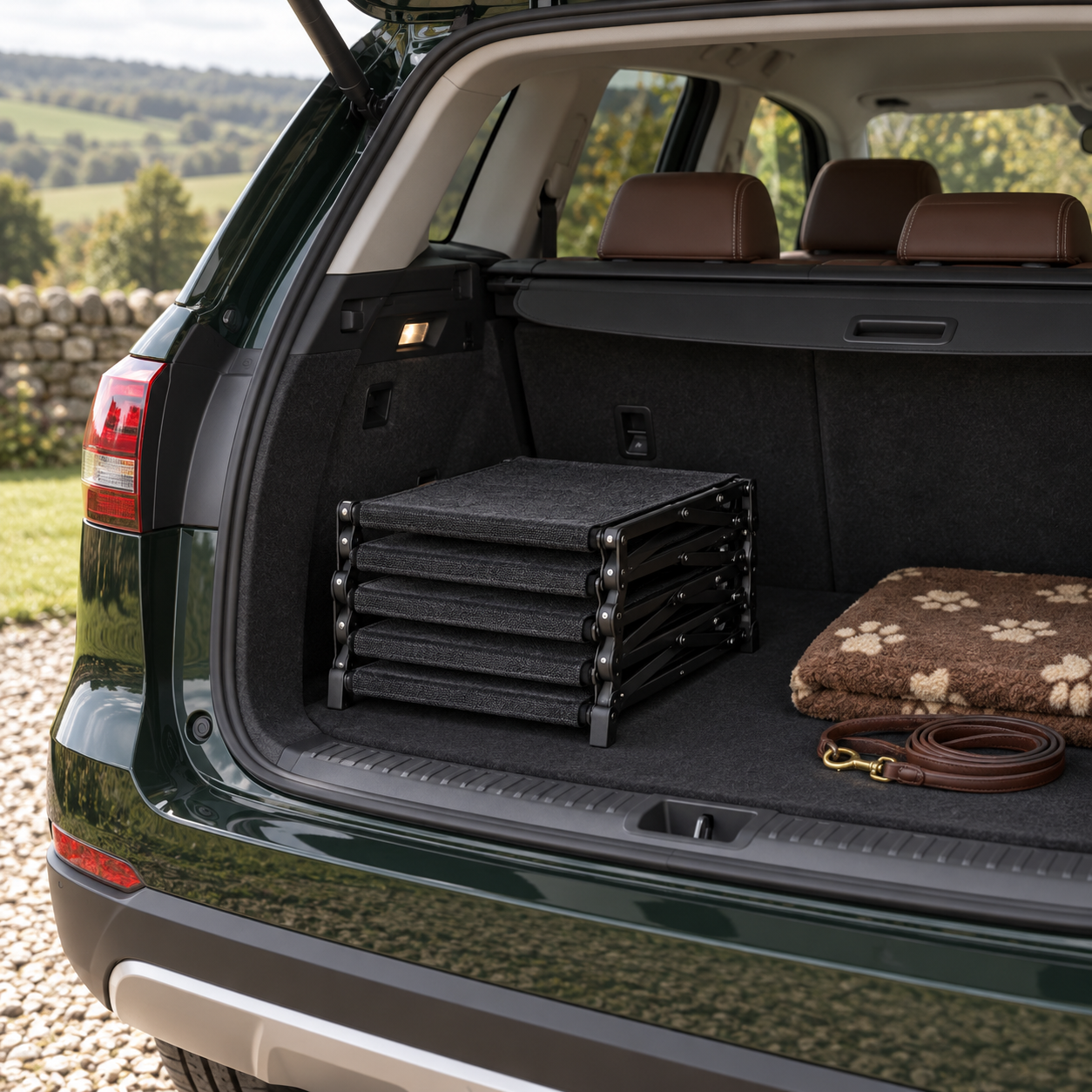 Folded dog car stairs stored neatly in the boot of a green SUV