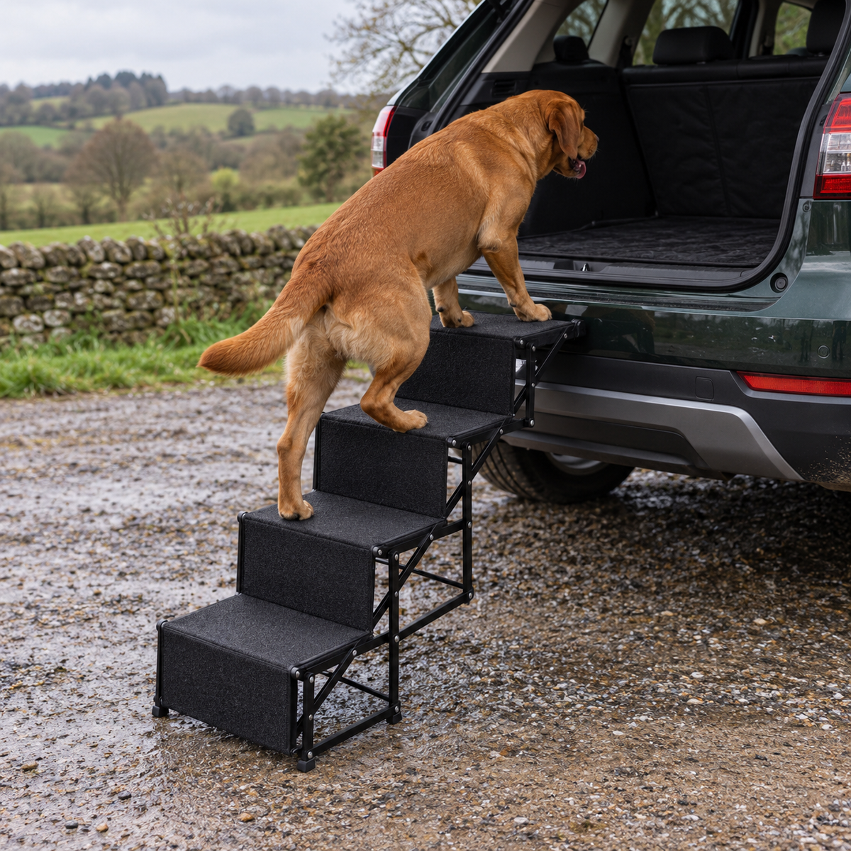 Fox-red Labrador using four-step folding dog car stairs beside a green SUV