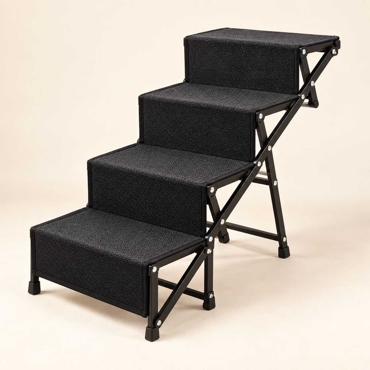 Four-step folding dog car stairs with black fabric-covered treads