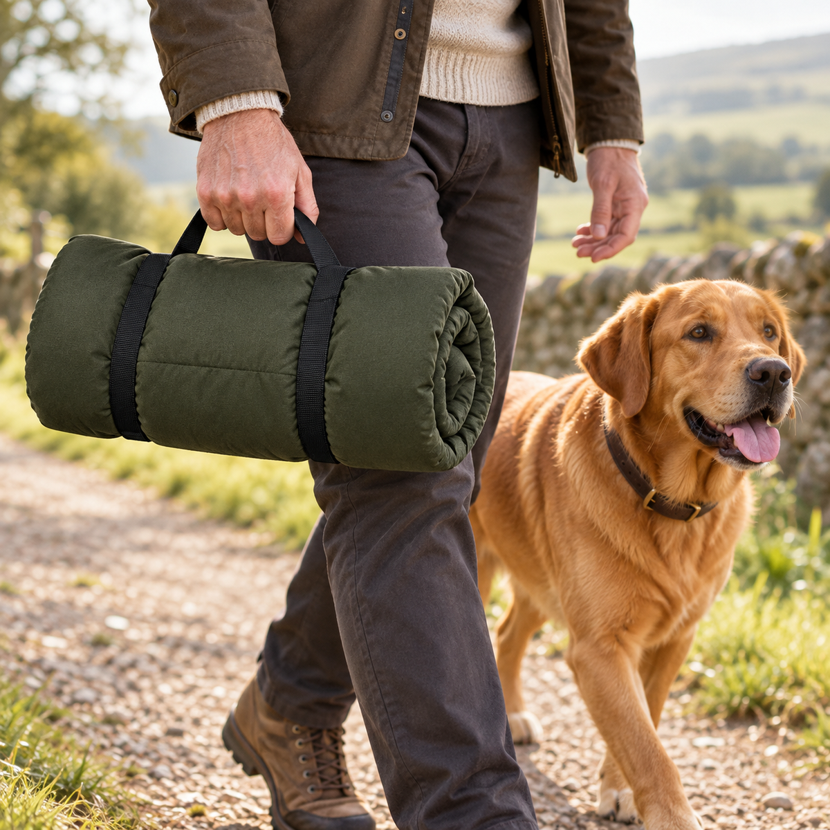 Artemis dog travel bed rolled securely with straps and carried by its integrated handle