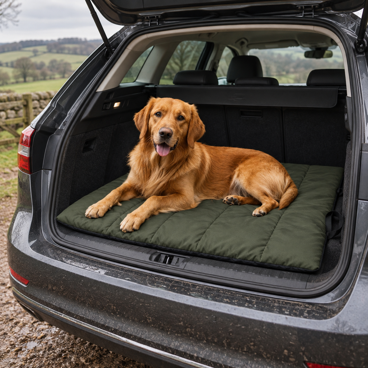 Fox red Labrador resting on the Artemis waterproof roll-up dog travel bed in a car boot