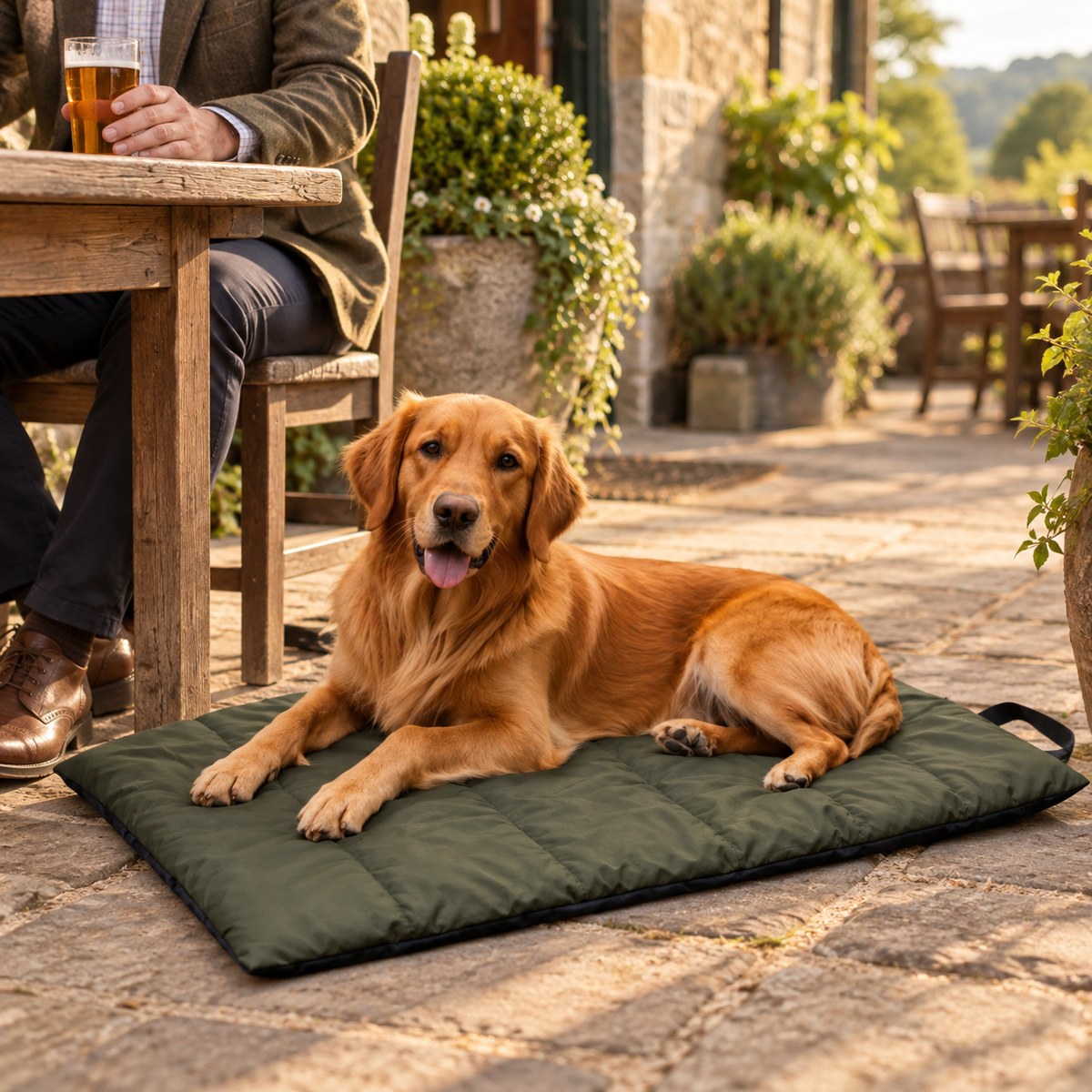 Labrador settled on the Artemis portable dog travel bed at a dog-friendly country pub