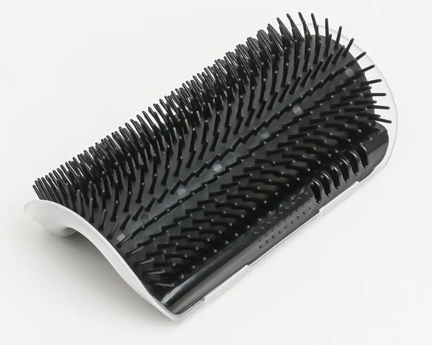 Corner cat scratcher in black, angled view showing the arched bristle shape